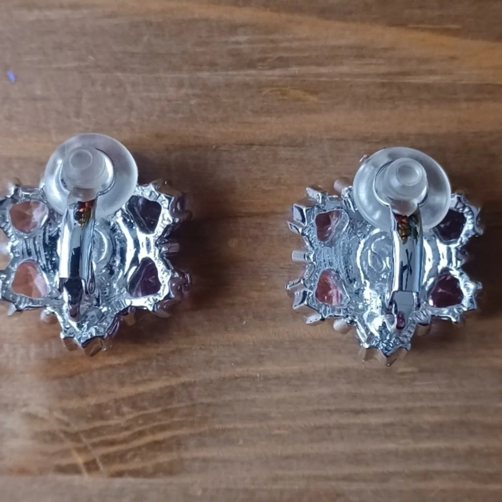 St. John Clip-on Flower Earrings with Pink/white Swarovski Crystals - Picture 3 of 3